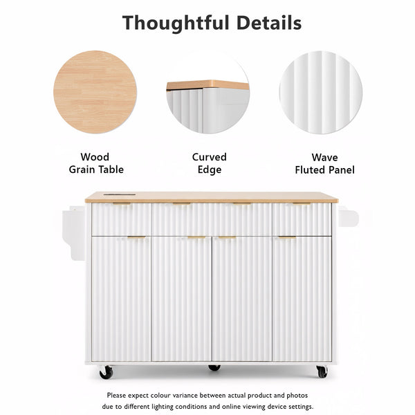 English Elm K&k Fluted Rolling Kitchen Island Faux Marble Top Power Outlet Storage Drawers White N707P353945W
