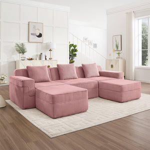 English Elm Modular 3-Seat U-Shape Sectional Sofa In Soft Pink Corduroy With Ottomans & Plush Throw Pillows W3041S00340