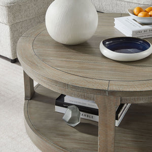 English Elm 40inch Two Tier Round Pine Wood Coffee Table with Wheels Rustic Vintage Living Room W2582P308198