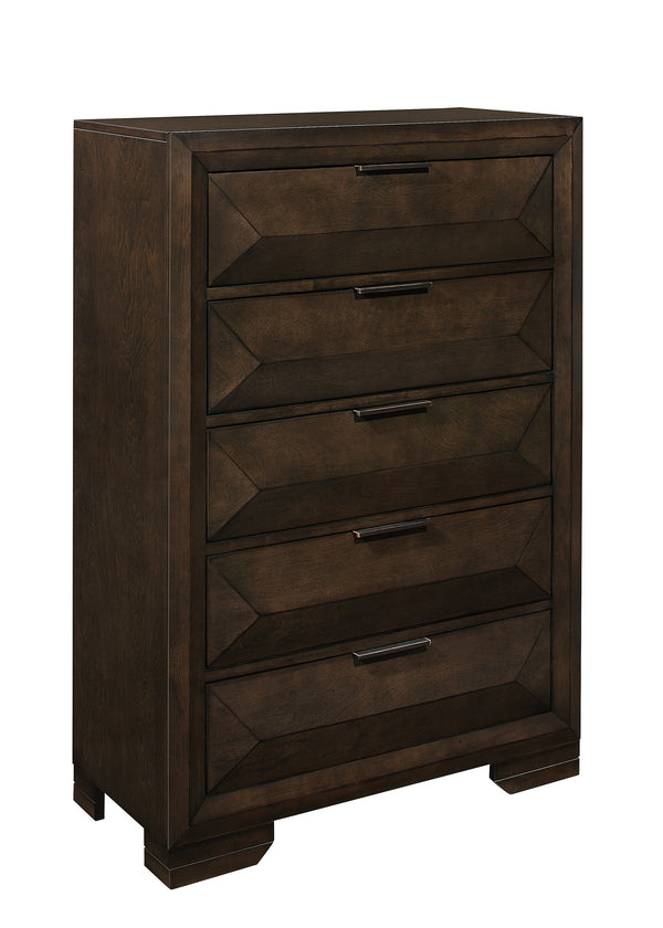 English Elm Contemporary Five Drawer Chest with Raised Panel Fronts and Espresso Birch Veneer Finish B011P225190