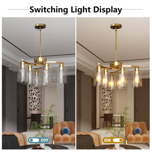 English Elm 6-Light Modern Farmhouse Iron Chandelier with Clear Glass Shades, Adjustable Height Dining Fixture Gold W2312P374986