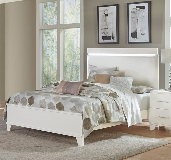 English Elm White LED Queen Bed with Opalescent Faux Leather Headboard High Gloss Modern Bedroom Centerpiece White 80.25 L x 7.75 W x 4.5 H B011S00907