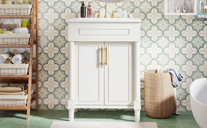 English Elm 24" Bathroom Vanity with Integrated Ceramic Sink and Adjustable Shelf, Vintage Hardware, Space-Saving Design White N710P277711K