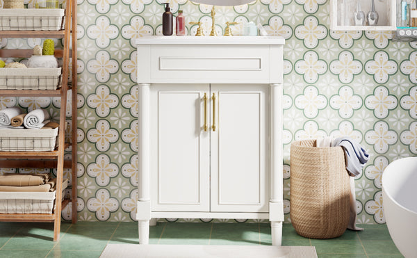 English Elm 24" Bathroom Vanity with Integrated Ceramic Sink and Adjustable Shelf, Vintage Hardware, Space-Saving Design White N710P277711K