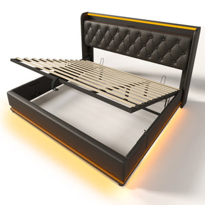 English Elm King Upholstered Bed with Surround LED, App/Remote Control, Hydraulic Storage, USB Type-C Charging Black N736P188808B