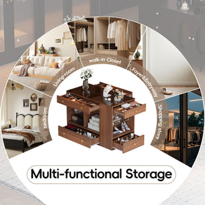 English Elm Closet Elegant walk-in island with glass display top, 6 drawers and open shelves for organized storage Walnut 39.76 L x 17.32 W x 12.2 H N733S304513D