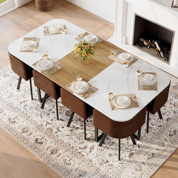 English Elm 9-piece Square Dining Set Seats 8 with Suede Chairs and Two-tone Metal Frame Brown,White,Wood W3875S00145