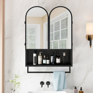 English Elm 23.62" Modern Double-Arched Mirror Cabinet with Tempered Glass, Metal Frame, Shelf & Towel Rack Storage Black W757P314586