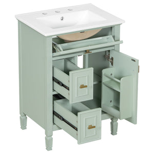 English Elm 24-Inch Bathroom Vanity with Sink, Solid Wood & MDF, Ceramic Top, Gold Handles, Flip Drawer Design Green N725P350824F