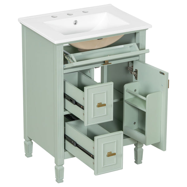 English Elm 24-Inch Bathroom Vanity with Sink, Solid Wood & MDF, Ceramic Top, Gold Handles, Flip Drawer Design Green N725P350824F