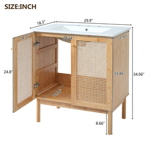 English Elm 30-inch bamboo bathroom vanity with handwoven rattan doors, soft-close hinges, ample storage beauty WF530472AAD