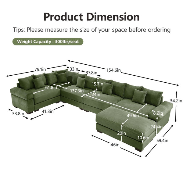 English Elm Oversized Modular Sectional Couch With Ottoman - Premium Corduroy, Ergonomic Comfort For Living Spaces W714S01343-GIGA