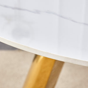 English Elm Table 7-Piece Dining Set - 42" Round Snow Mountain White Sintered Stone Table & Elegant Chairs W2920S00046-GIGA