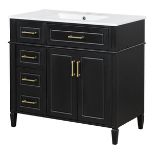 English Elm 36 Inch Freestanding Bathroom Vanity Sage Pine Cabinet Gold Hardware Ceramic Sink Black N725P366466B