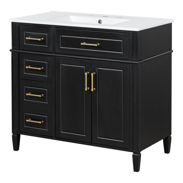 English Elm 36 Inch Freestanding Bathroom Vanity Sage Pine Cabinet Gold Hardware Ceramic Sink Black N725P366466B
