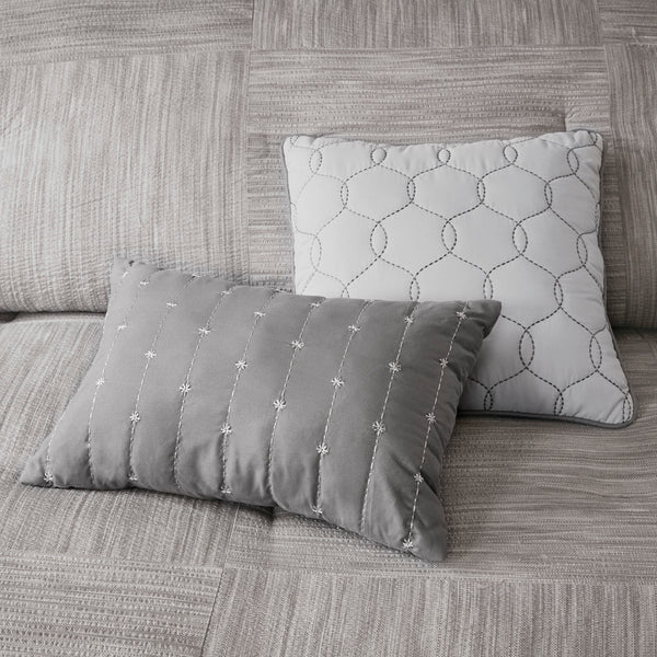 English Elm 7 Piece Printed Seersucker Comforter Set - Modern Grey Ensemble For Queen Bed With Decorative Pillows B03597114