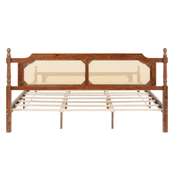 English Elm King Pine Rattan Bed Walnut — Classic Pine Wood King Bed with Rattan Headboard & Footboard, 500lb Capacity W504P269835