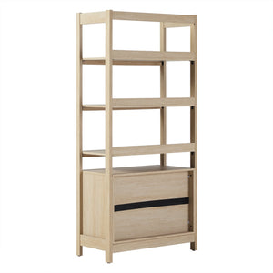 English Elm Walker Edison - Transitional Wide Reeded Bookshelf with Drawers on Bottom for Home Office, Spacious Shelving & Storage Oak 75.25 L x 20.63 W x 7 H B185P200194