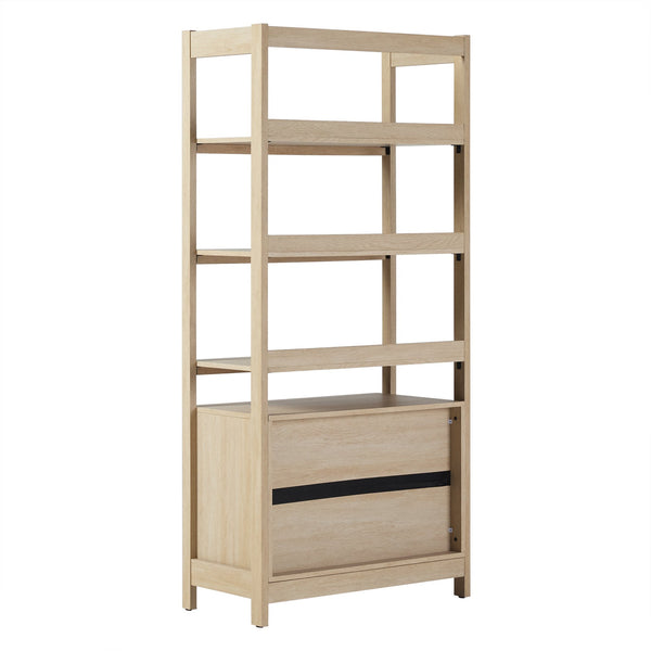 English Elm Walker Edison - Transitional Wide Reeded Bookshelf with Drawers on Bottom for Home Office, Spacious Shelving & Storage Oak 75.25 L x 20.63 W x 7 H B185P200194