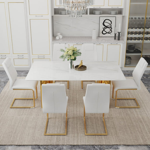 English Elm Table And Chair Set - Elegant White And Gold Dining Furniture With Comfortable Pu Seats, 6 Chairs W1151S04345-GIGA
