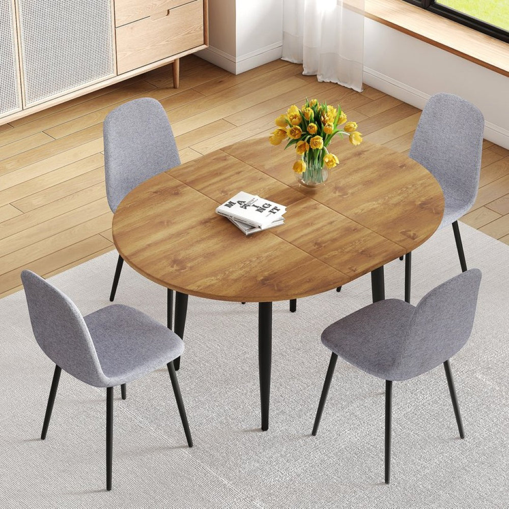 English Elm Table Extendable Round-To-Oval Mdf Dining Set With 4 Light Gray Linen-Cotton Chairs For Gatherings W1151S04142-GIGA