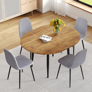 English Elm Table Extendable Round-To-Oval Mdf Dining Set With 4 Light Gray Linen-Cotton Chairs For Gatherings W1151S04142-GIGA