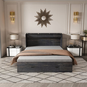 English Elm 57 Inch Murphy Bed Cabinet with Storage Drawers Charging Station and Rolling Casters Carbon Black W509S00157