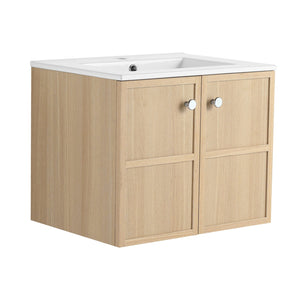 English Elm 24" Modern Wall Vanity with Ceramic Sink, Oak Plywood Cabinet, 2 Soft-Close Doors, Handles Included W1972S00021