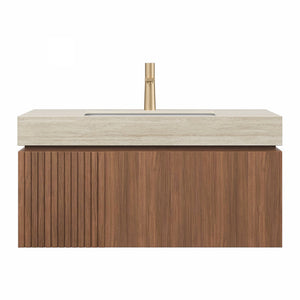 English Elm MURI Modern Wall-Mounted Vanity with Sintered Stone Top and Ceramic Basin, Plywood Cabinet, 39" Beige,Brown Oak W2615S00337