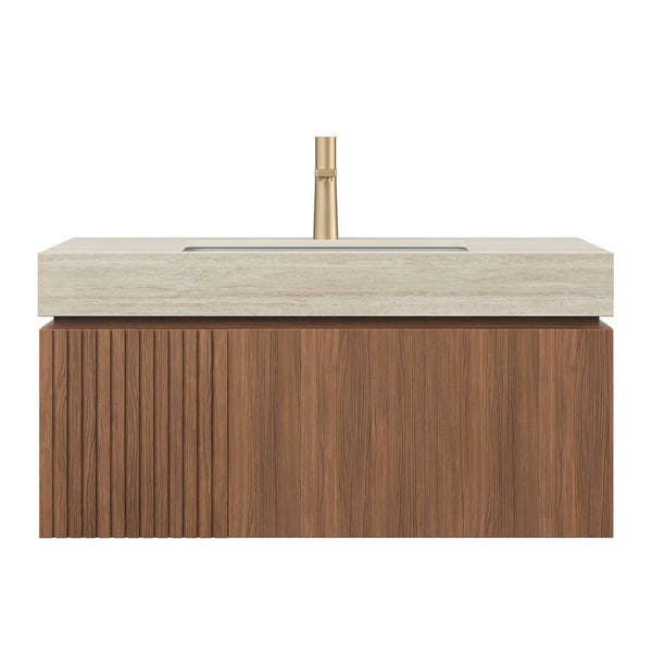 English Elm MURI Modern Wall-Mounted Vanity with Sintered Stone Top and Ceramic Basin, Plywood Cabinet, 39" Beige,Brown Oak W2615S00337