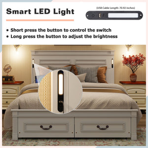 English Elm Queen Farmhouse Pinewood Storage Bed with Led Lighting Usb Charging and Panel Headboard White W504P391013