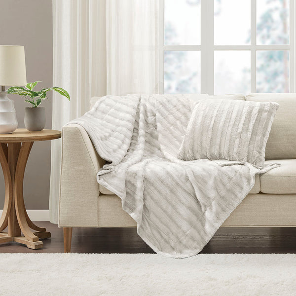 JLA Home Madison Park - Long Faux Fur Throw with Silky Micro-Fur Reverse, OEKO-TEX Certified, Lightweight Cozy 50x60 Inches Ivory MP50-454