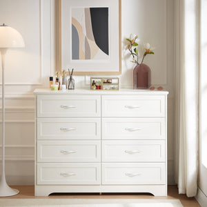 English Elm Modern Elegant Chest of Drawers with Antique Gold Knobs, 8-Drawer Durable Clothes Organizer, Waterproof Finish White W1668P182257