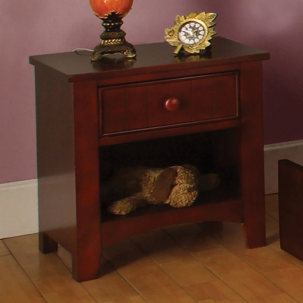English Elm One Drawer Wooden Nightstand with Open Shelf and Drawer, Cherry Finish, Kid-Friendly Storage Solution B016P252243