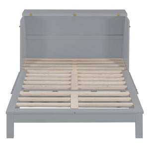 English Elm Full Size Murphy Bed Rattan Cabinet with Storage Drawers and Gold Hardware Gray N708S00009E