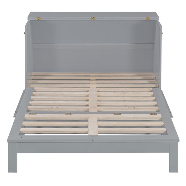 English Elm Full Size Murphy Bed Rattan Cabinet with Storage Drawers and Gold Hardware Gray N708S00009E