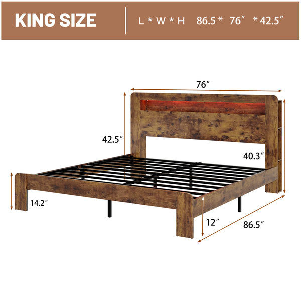 English Elm Bed Frame King Size - Stylish Wood Platform With Led Headboard, Usb Ports, And Ample Storage Space W636P318037