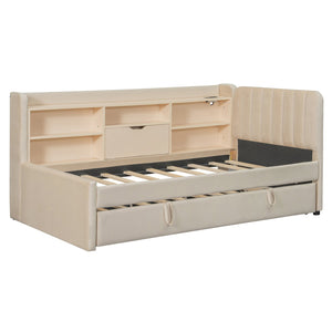 English Elm Twin Upholstered Daybed with Pull-Up Trundle, Velvet High Back with Shelves, Flip Storage & USB Beige SF000194AAA