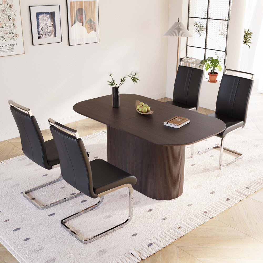 English Elm 63 Inch Mdf Dining Table Set with Four Pu Leather Chairs Silver Metal Legs Modern Brown+Black W2189S00885