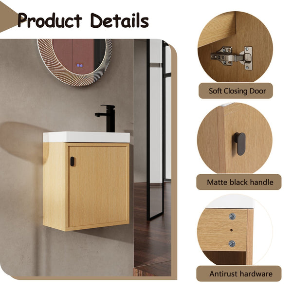 English Elm 18.5" Stylish Wall-Mounted Bathroom Vanity With Durable Resin Sink, Soft-Close Door, Space-Saving Design W1972P362138