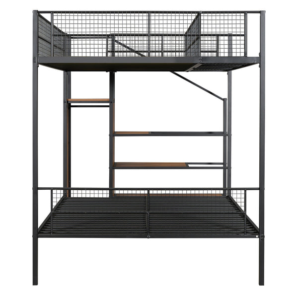 English Elm Twin Over Full Metal Bunk Bed with Trundle, Step Ladder Storage, Wardrobe & Wire Shelving, Durable Frame Black SF000172AAB
