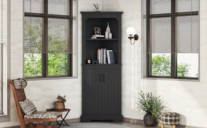English Elm Tall Corner Cabinet with Doors - Slim Black Storage Tower for Living Room, Bathroom, Kitchen, Office W1580P332942