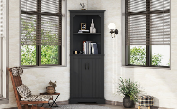English Elm Tall Corner Cabinet with Doors - Slim Black Storage Tower for Living Room, Bathroom, Kitchen, Office W1580P332942