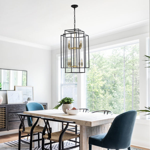 English Elm 18" Modern 8-Light Geometric Pendant Chandelier, Industrial Metal Frame, Adjustable 60" Drop, Stylish Lighting Black+Gold W2312P374788