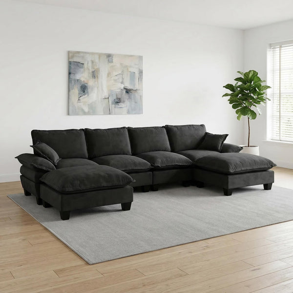 English Elm Modular U-shape Chenille Cloud Sectional with Sculptural Sailboat Arms Six Seats Black W3163S00127