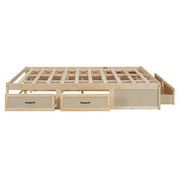 English Elm Queen Platform Bed with Six Storage Drawers Low Profile Frame for Modern Bedrooms Antique Natural N708P263022N-1