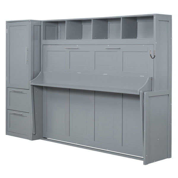English Elm Queen Murphy Wall Bed with Integrated Wardrobe and Drawers for Studio or Guest Room Gray LP000793AAE-3