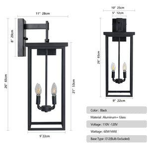 English Elm (Same 26"(H) Modern Outdoor Wall Lantern - Black Metal Frame, Clear Glass, 4 E12 Sockets, Weatherproof Elegance W1340P206651