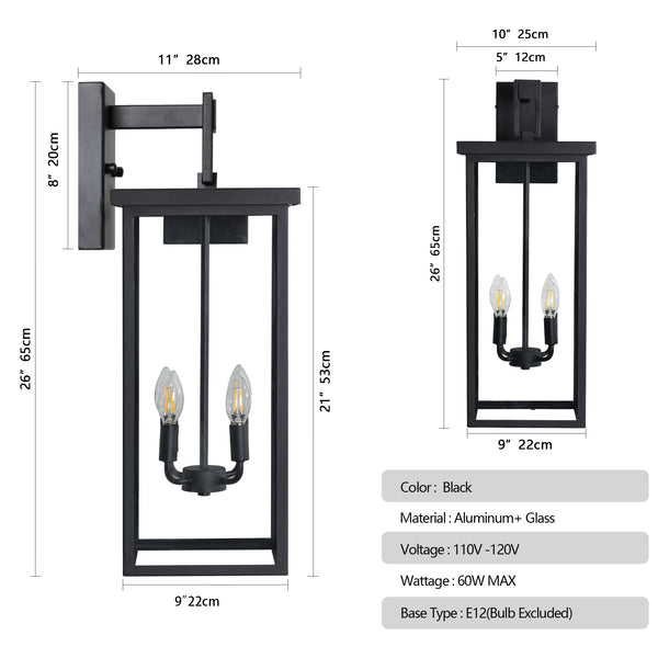 English Elm (Same 26"(H) Modern Outdoor Wall Lantern - Black Metal Frame, Clear Glass, 4 E12 Sockets, Weatherproof Elegance W1340P206651