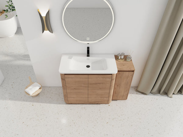 English Elm 48" Floating Bathroom Vanity Dual Ceramic Vessel Sinks Oak Finish Soft Close Doors W999S00512